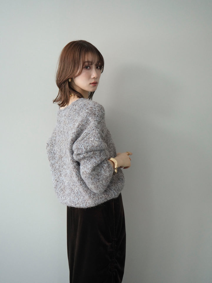 [SET]Vネックミックスヤーンニットプルオーバー+ギャザーベロアスカート(2set)