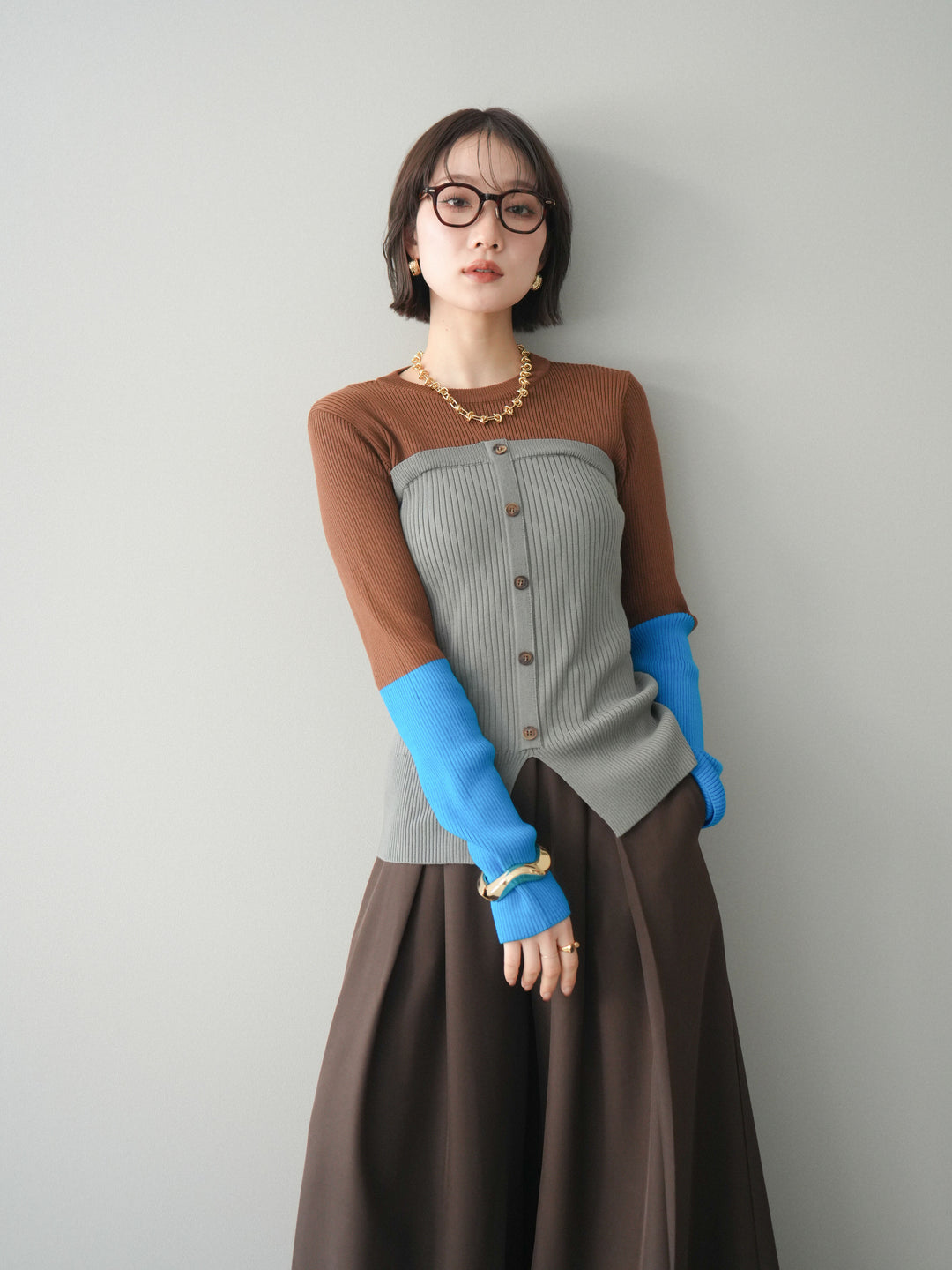 [SET]配色ビスチェドッキングリブニットトップス+選べるアクセセット(2set)