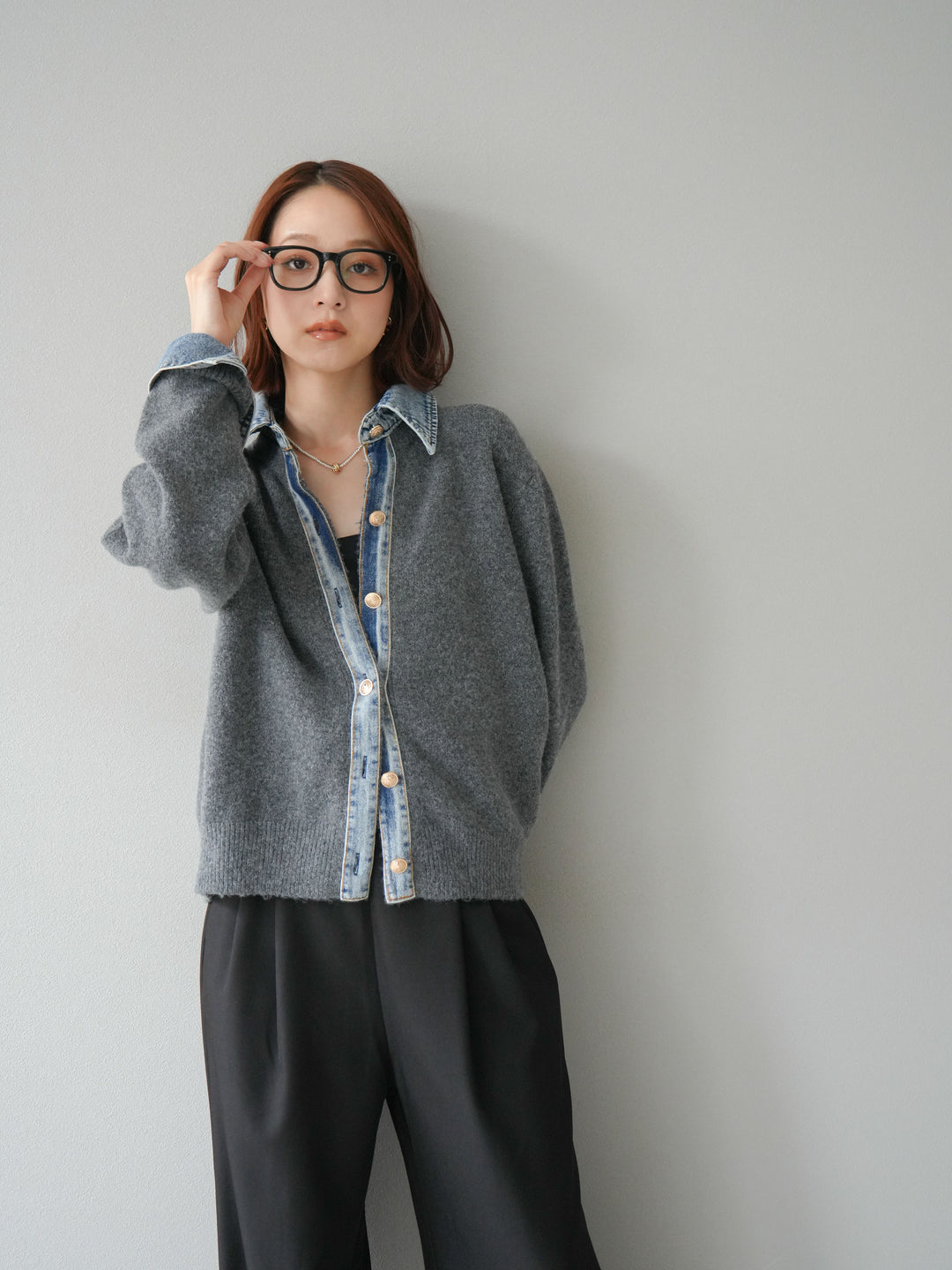 [SET]デニム襟ボタンニットカーディガン+エステルタックワイドパンツ(2set)