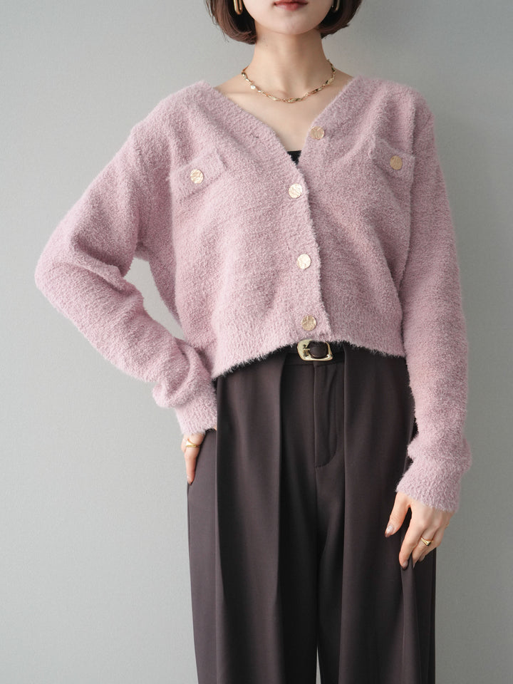 [SET]ゴールドボタンモールニットカーディガン+ベルトループデザインワイドパンツ(2set)