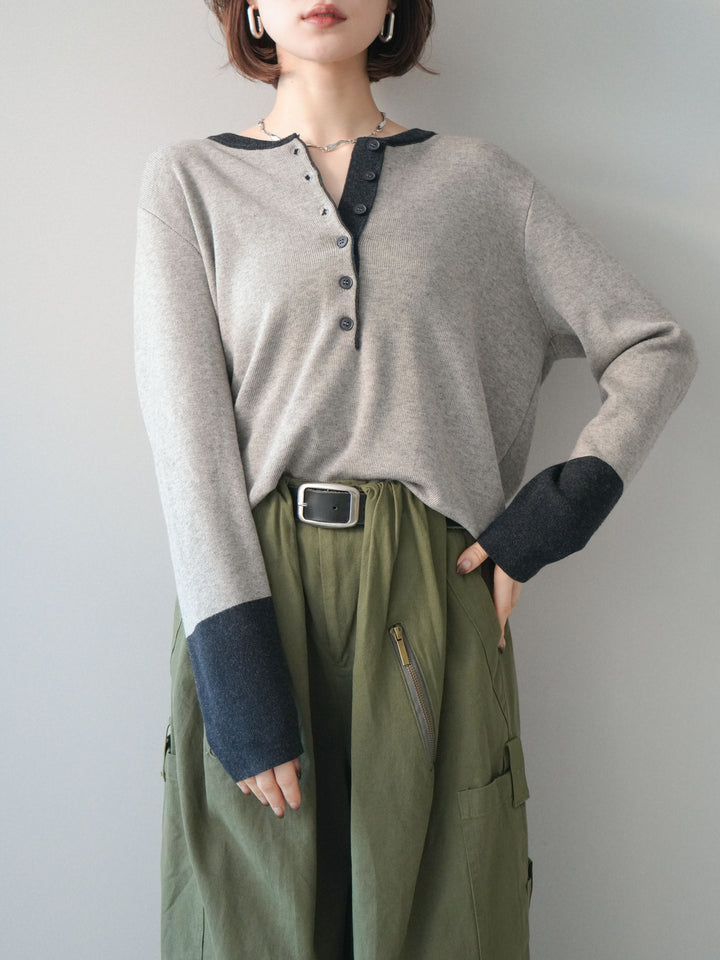 [SET]ヘンリーネック配色ニットソー+ヘンリーネック配色ニットソー(2set)