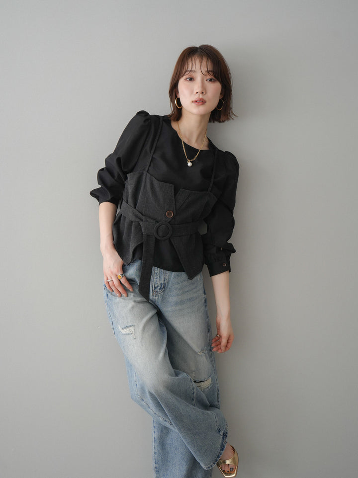[SET]異素材ビスチェドッキングブラウス+ダメージデニムセミワイドパンツ(2set)