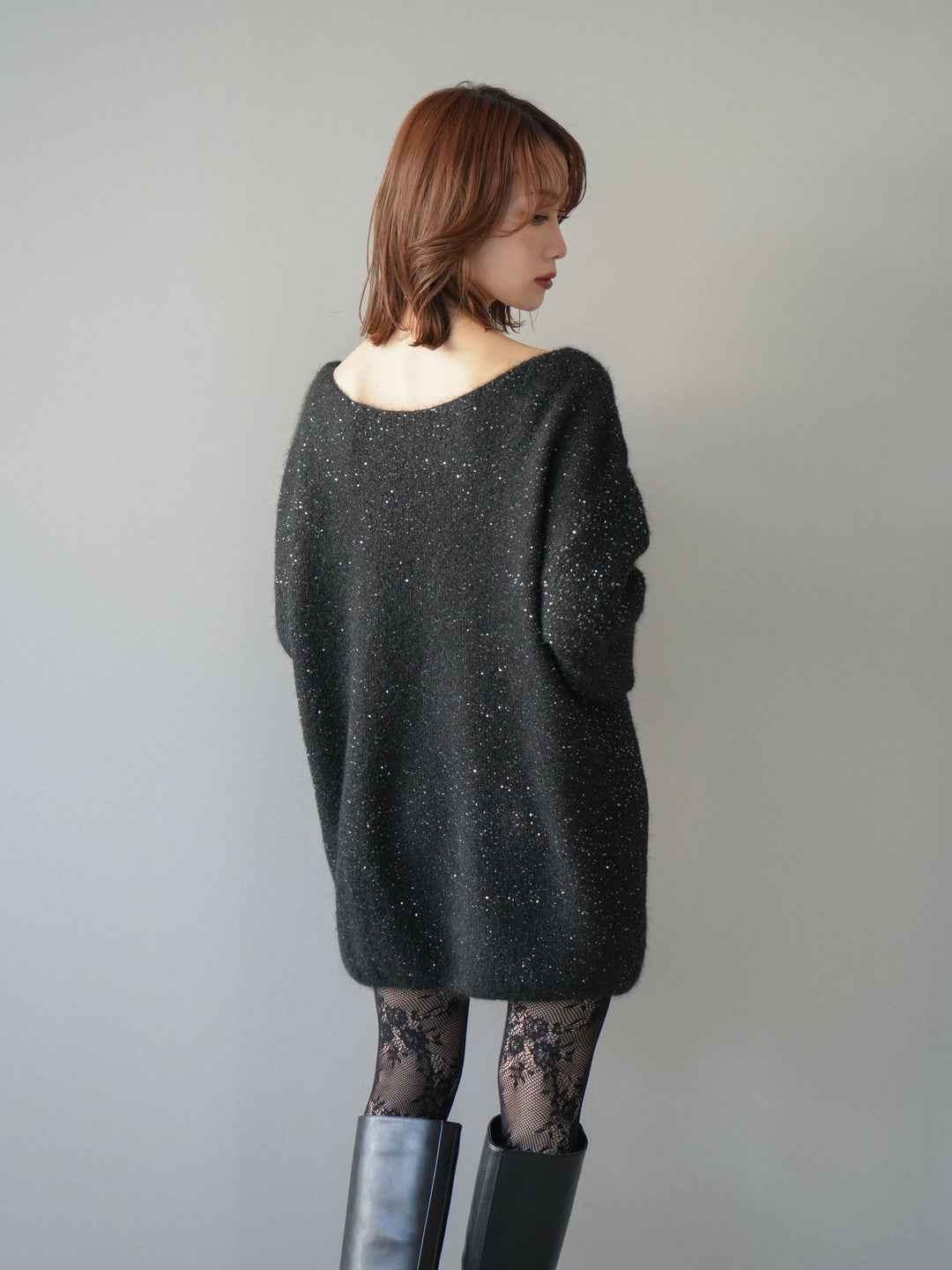 [予約]スパンコールミニシャギーニットチュニック/black