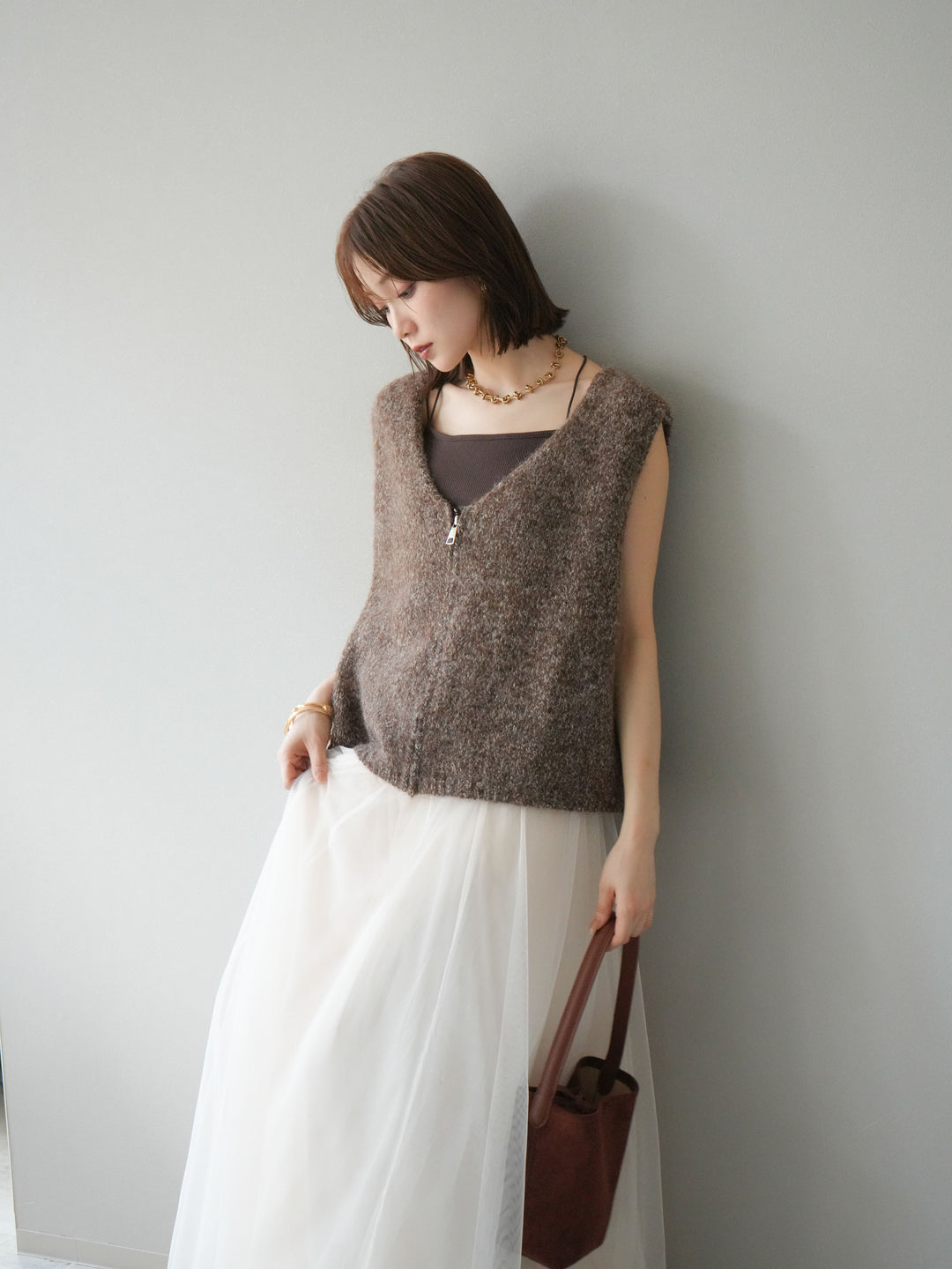 [予約]フロントZIPミックスニットベスト/ブラウン