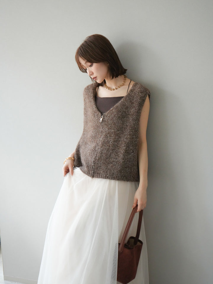 [予約]フロントZIPミックスニットベスト/ブラウン