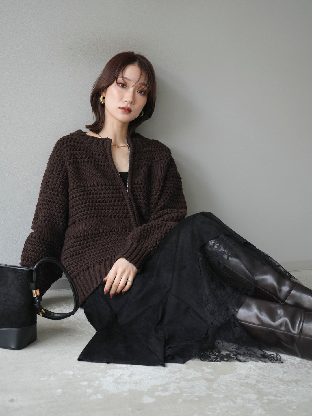 [予約]ケーブル編みZIPニットカーディガン/brown