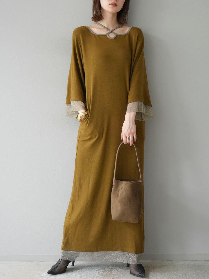 [予約]デザインネックラメシアー切替ニットワンピース/カーキ