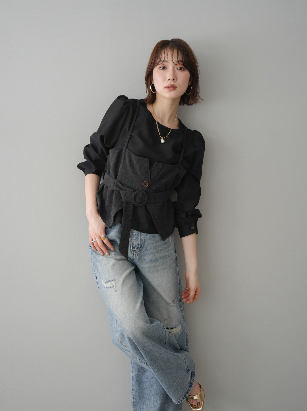 [予約]異素材ビスチェドッキングブラウス/black