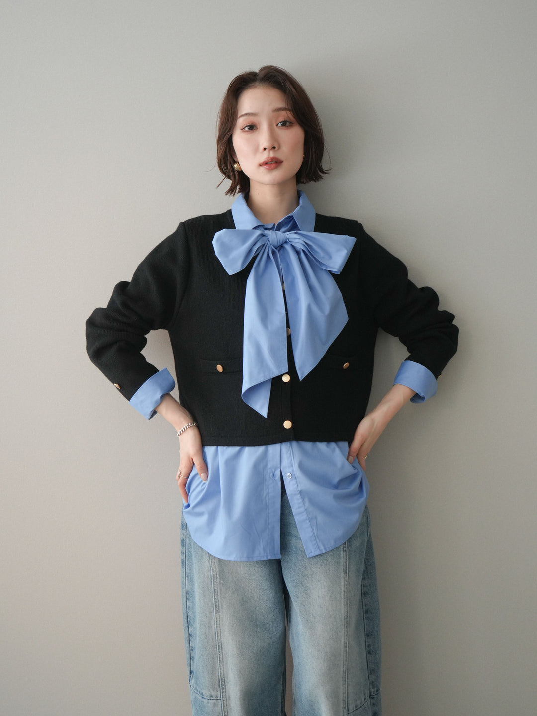 [SET]ゴールドボタンノーカラーニットジャケット+選べるアクセセット(2set)