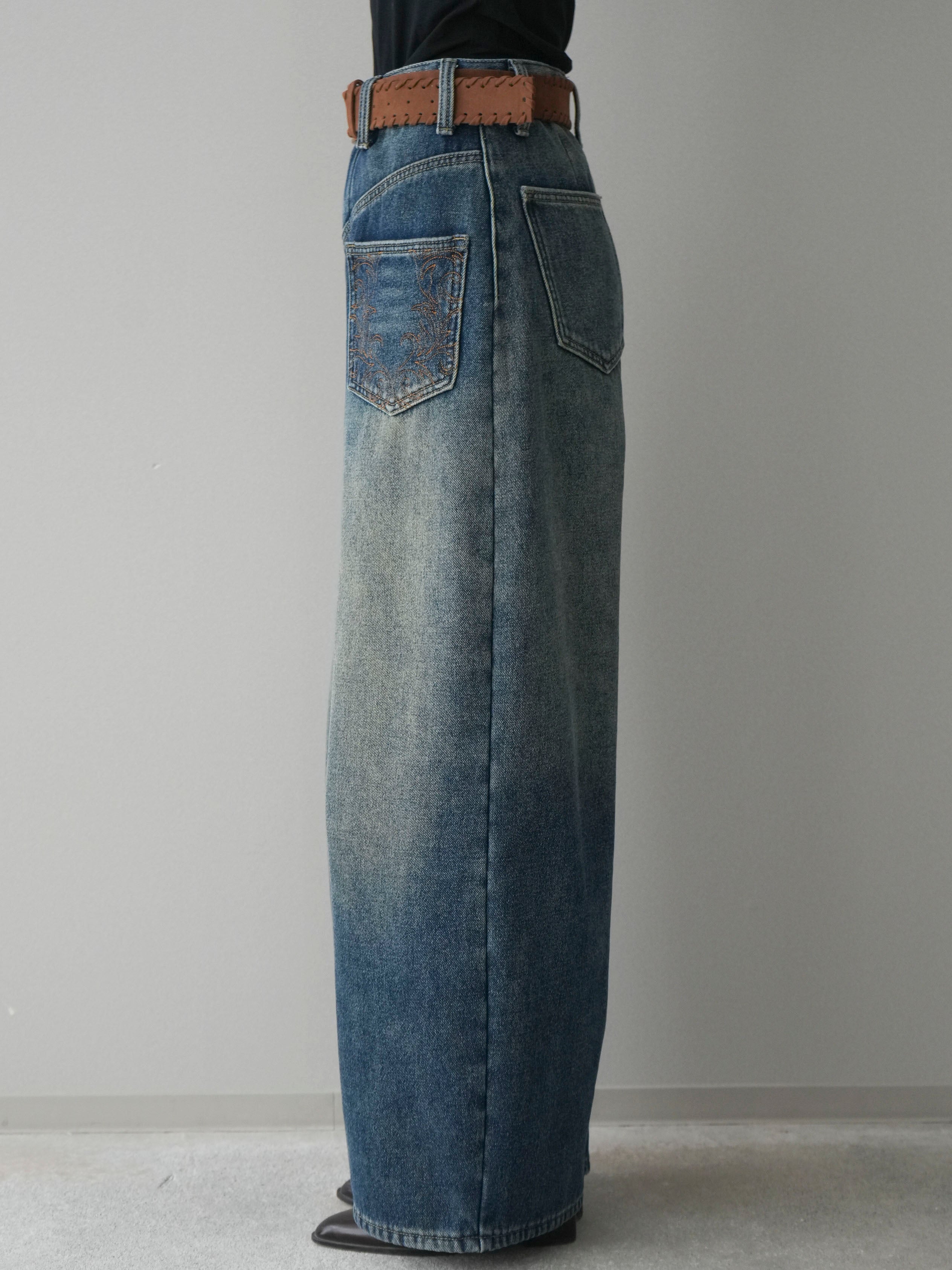 予約]ベルト付ポケット刺繍カーブデニムパンツ/blue – Lumier