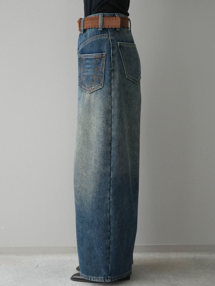 [予約]ベルト付ポケット刺繍カーブデニムパンツ/blue