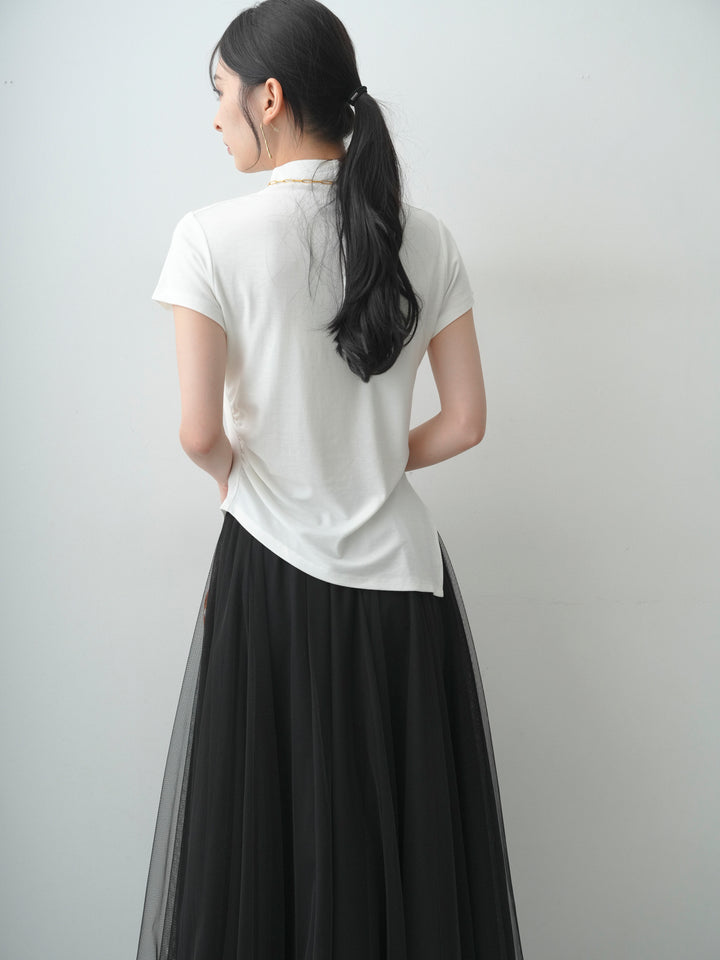 [SET]ヘムアシメバックボタンデザインフレンチトップ+チュールボリュームスカート(2set)