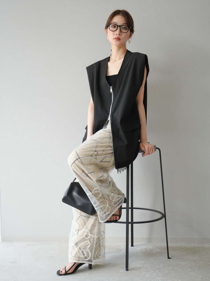 [預購] 雙拉鍊蕾絲下擺背心/黑色