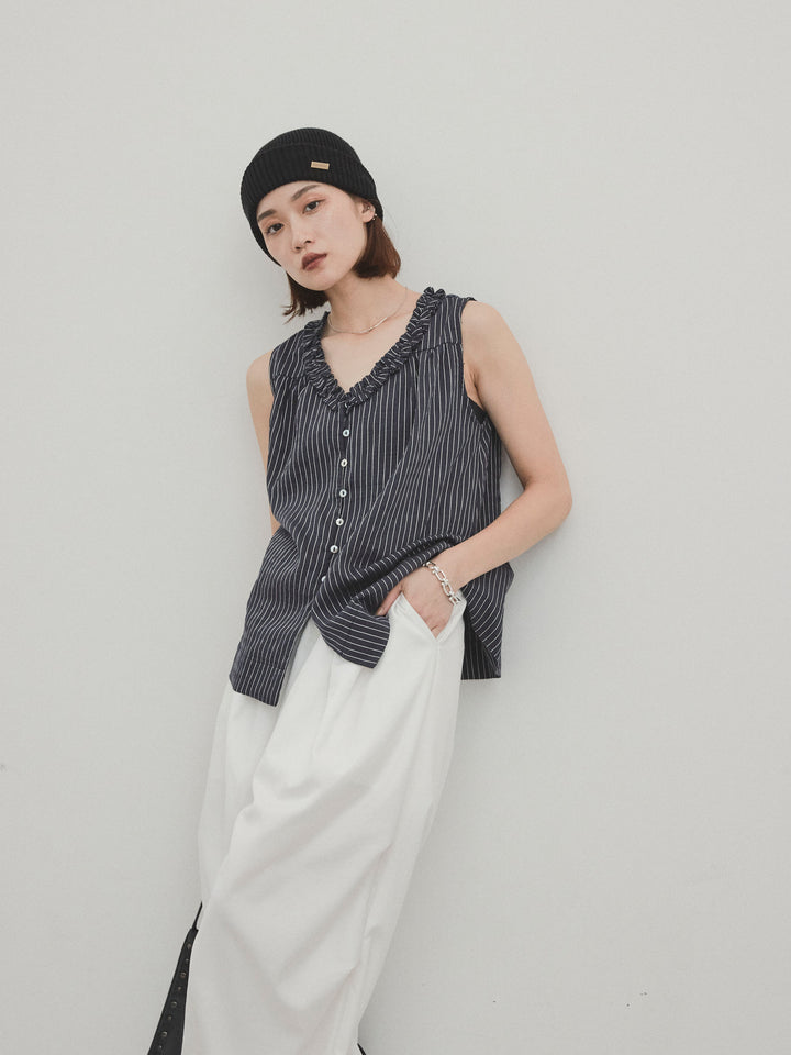 [SET] 條紋荷葉邊襯衫 + 條紋荷葉邊襯衫 (2件套)