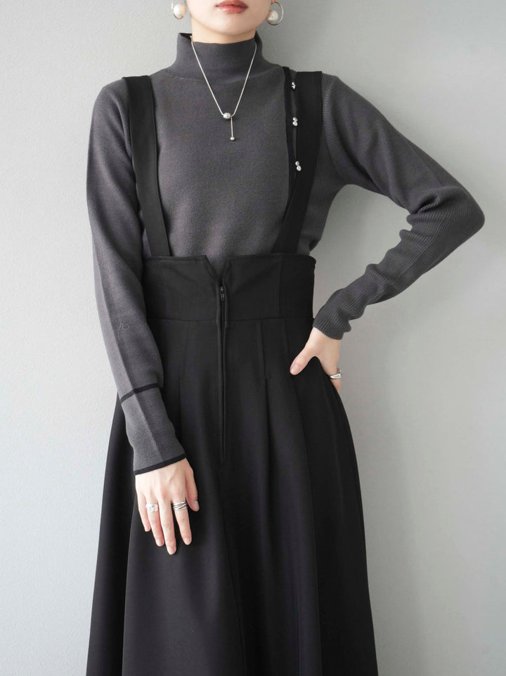 [預訂] 瓶頸配色設計紐扣針織上衣/炭灰