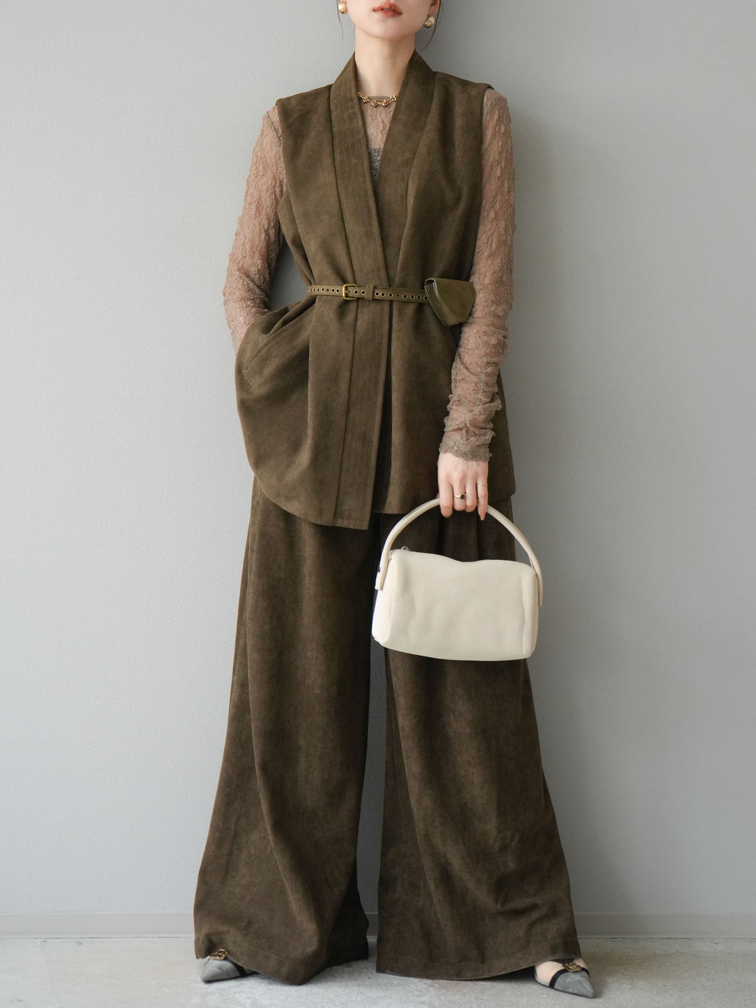 [SET]ポーチベルト付スウェードジレ×パンツSET UP(2set)