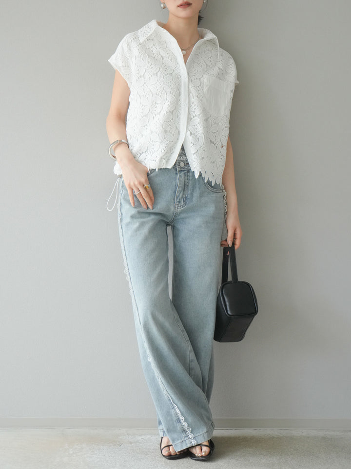 【預購】蕾絲分層抽繩襯衫/白色