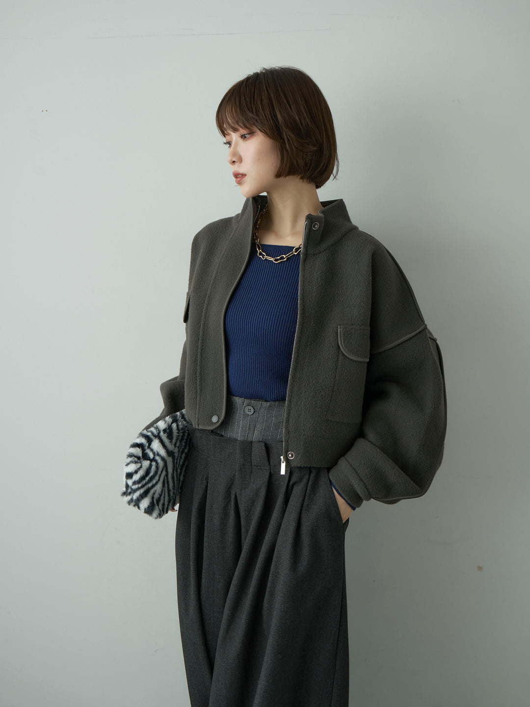 [SET]圧縮ニットショートブルゾン+ウエストデザインドロストワイドパンツ(2set)