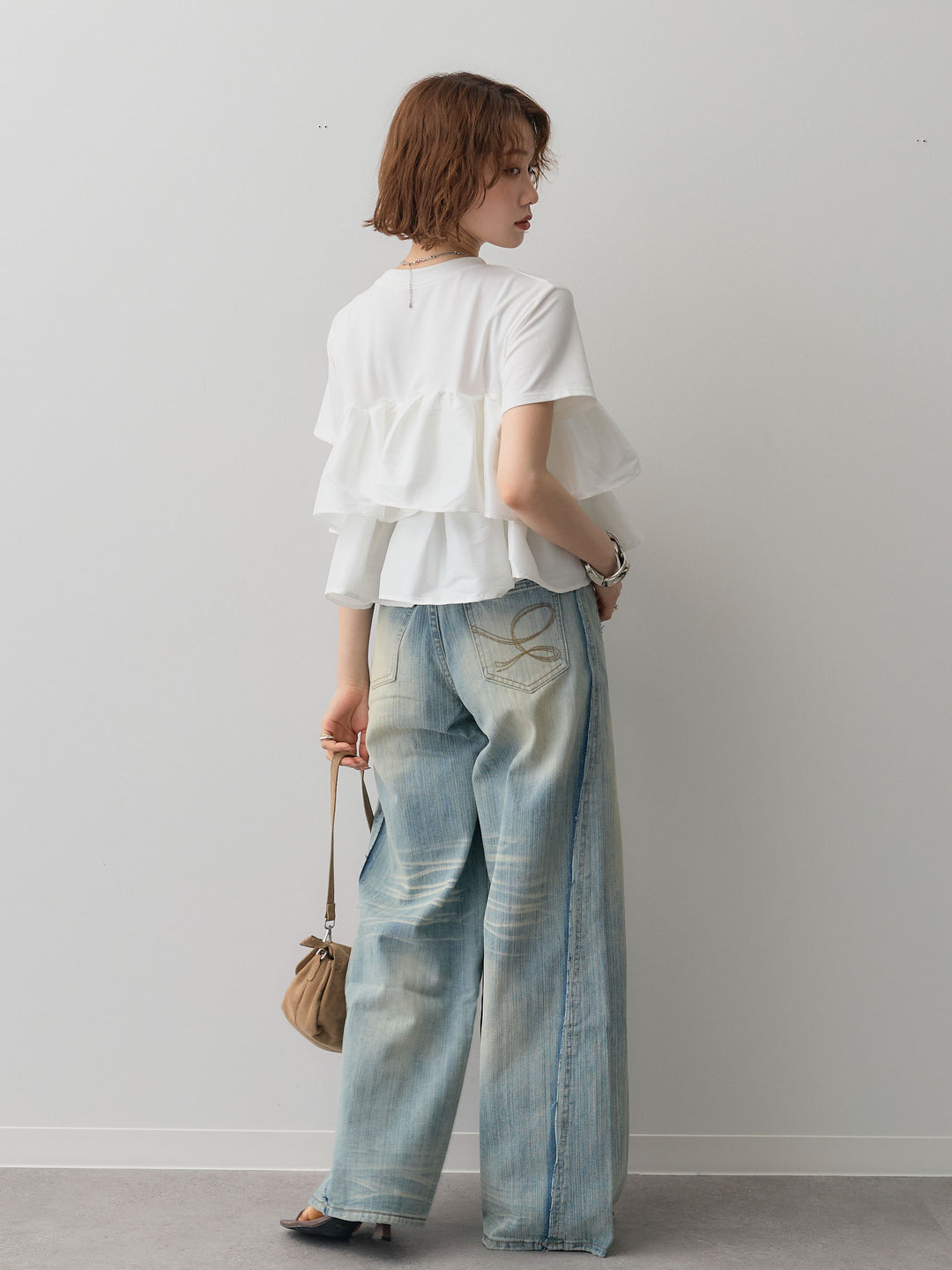 [SET]フリルティアードTEE+縦ウォッシュワイドデニムパンツ(2set)