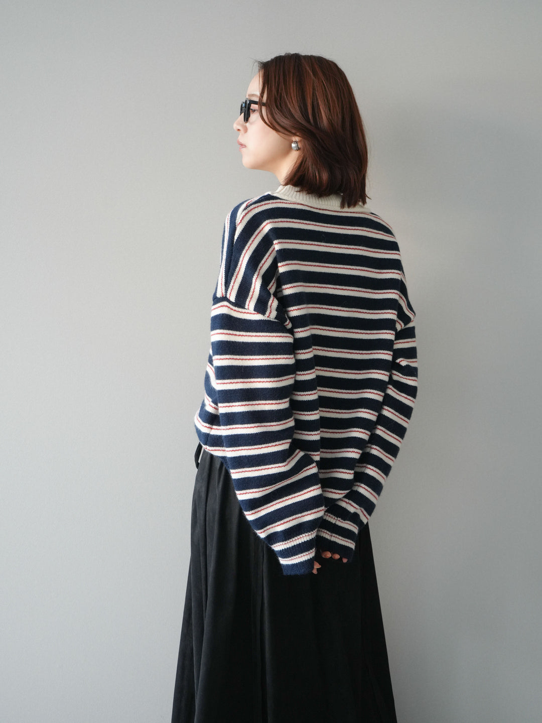 [予約]モックネックボーダーニットプルオーバー/navy