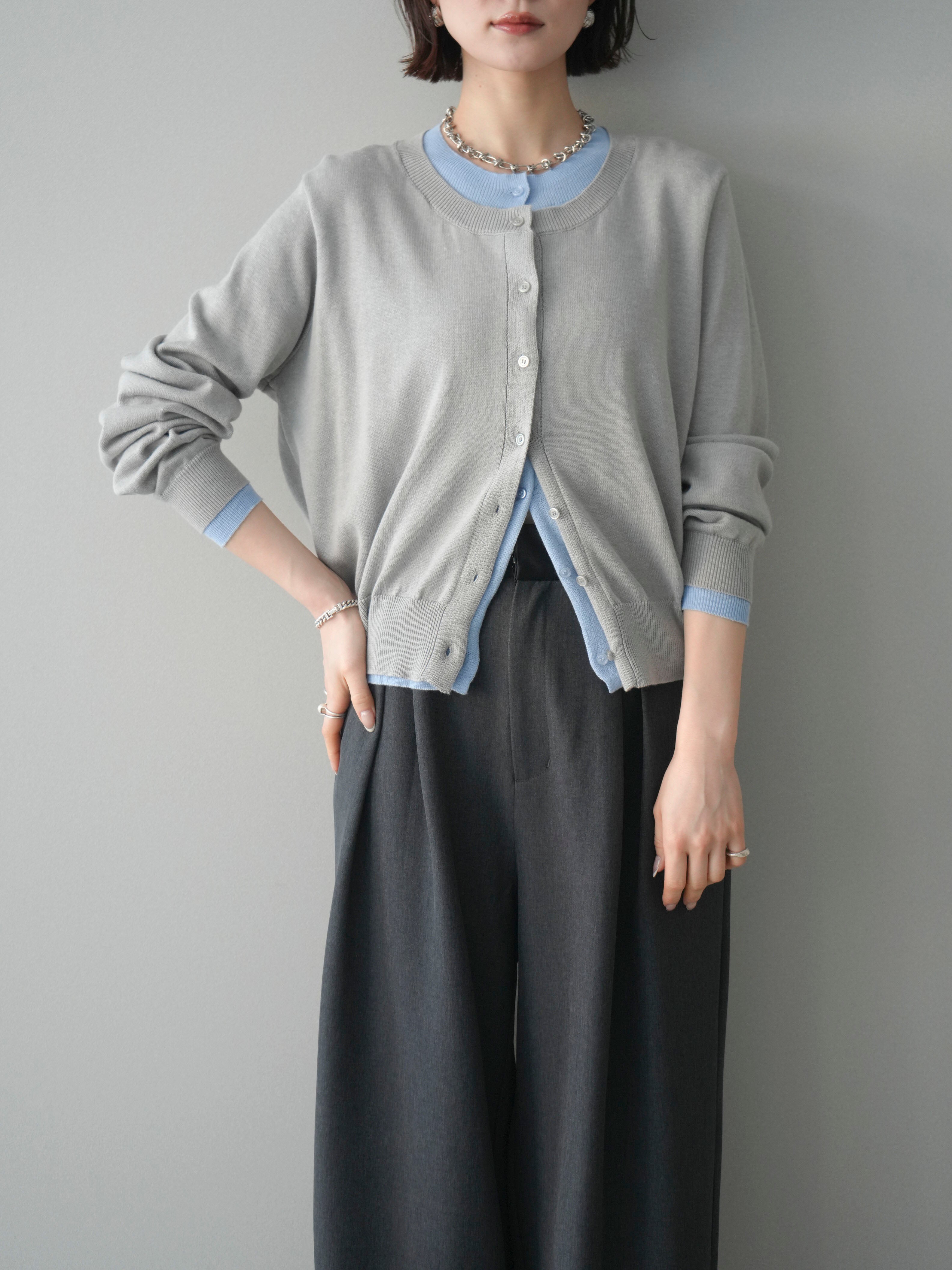 SET]配色レイヤードコットンアクリルニットカーディガン+配色