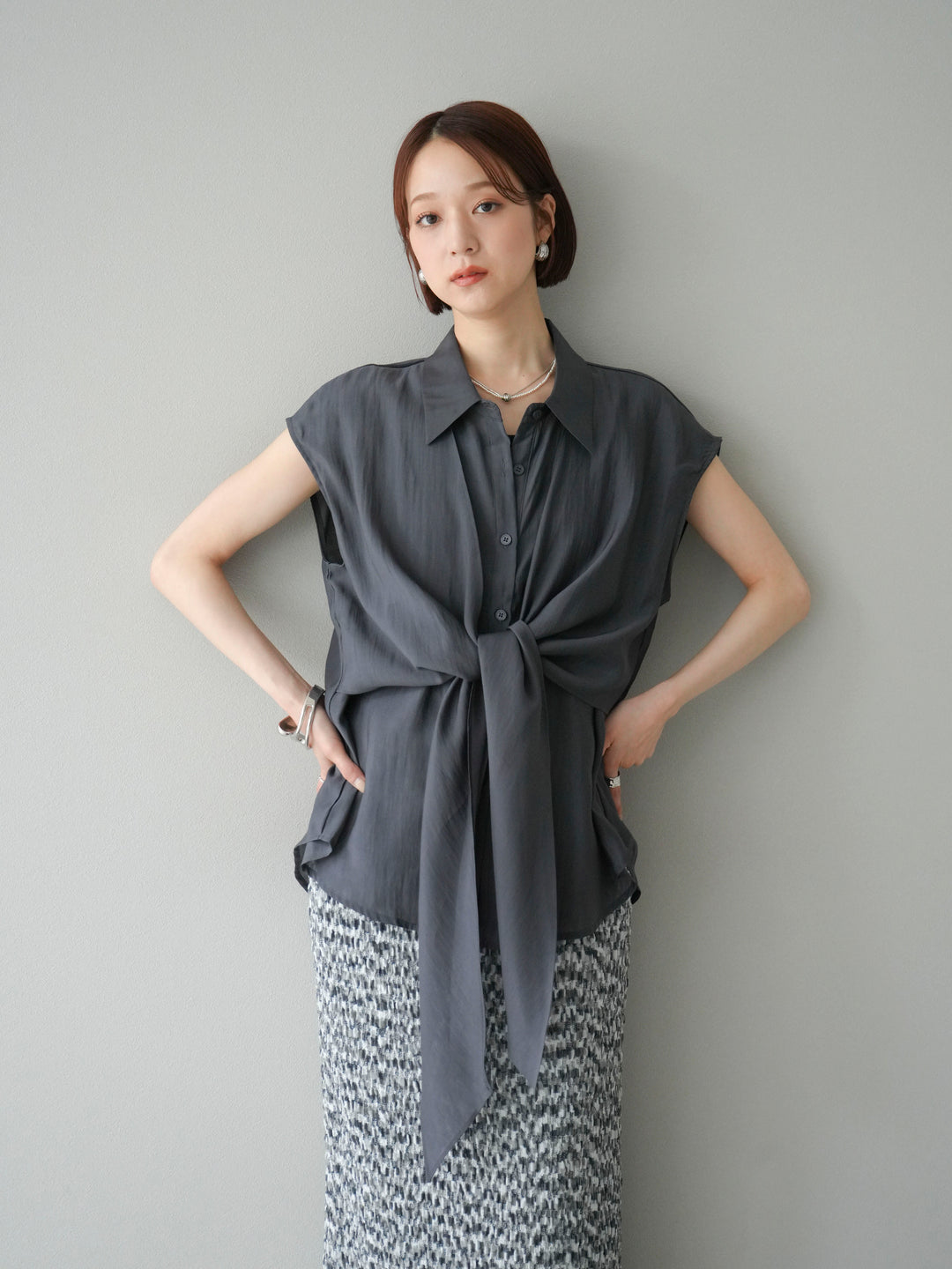 [SET]フロントタイシアーブラウス+マルチカラーランダムプリーツタイトスカート(2set)