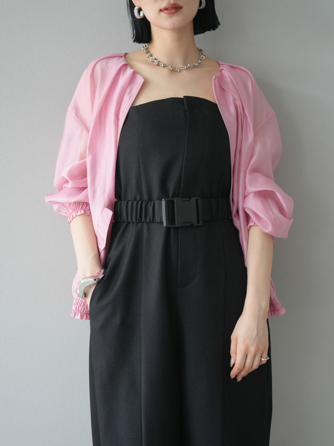 [SET]タックデザインシアーブルゾン+ヘザーツイルベルト付ベアサロペット(2set)