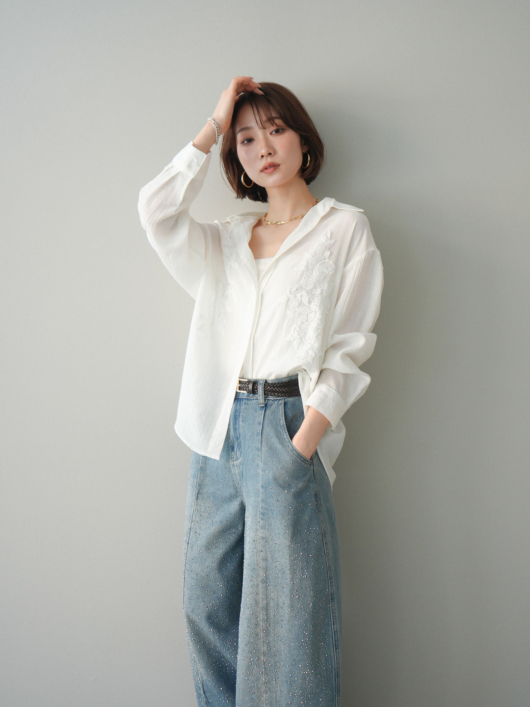 [SET]楊柳刺繍ブラウス+フロントビジューカーブデニムパンツ(2set)