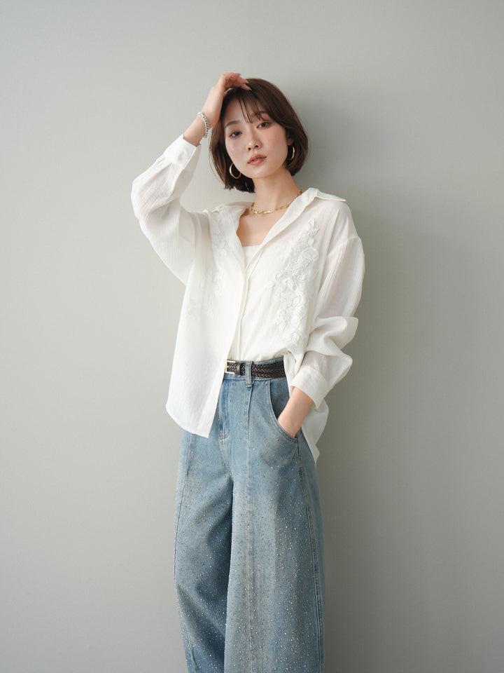 [SET]楊柳刺繍ブラウス+フロントビジューカーブデニムパンツ(2set)