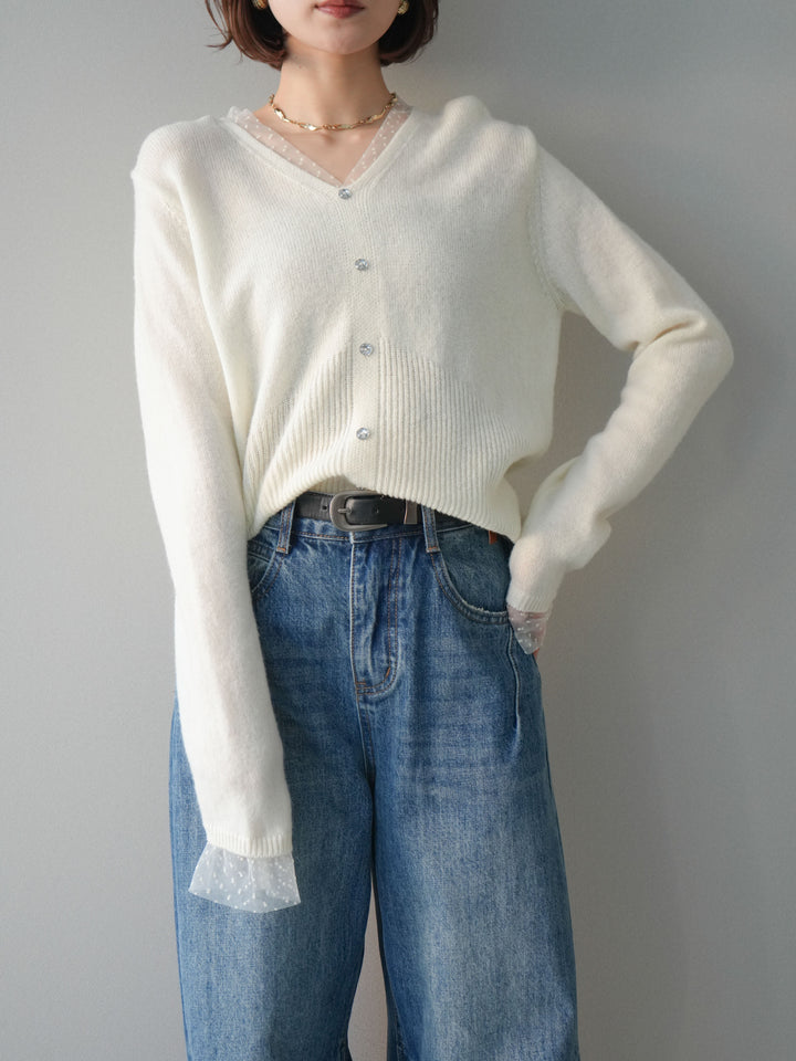 [SET]ドットチュールレイヤードボタンニットトップス+選べるアクセセット(2set)