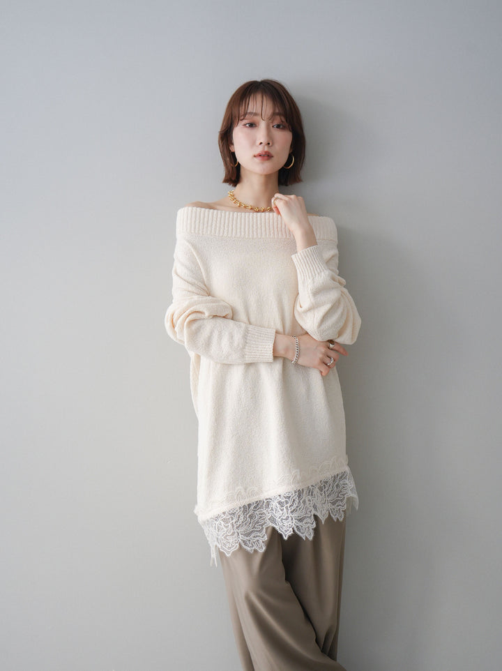 [SET]アシンメトリーレースヘムニットプルオーバー+アシンメトリーレースヘムニットプルオーバー(2set)