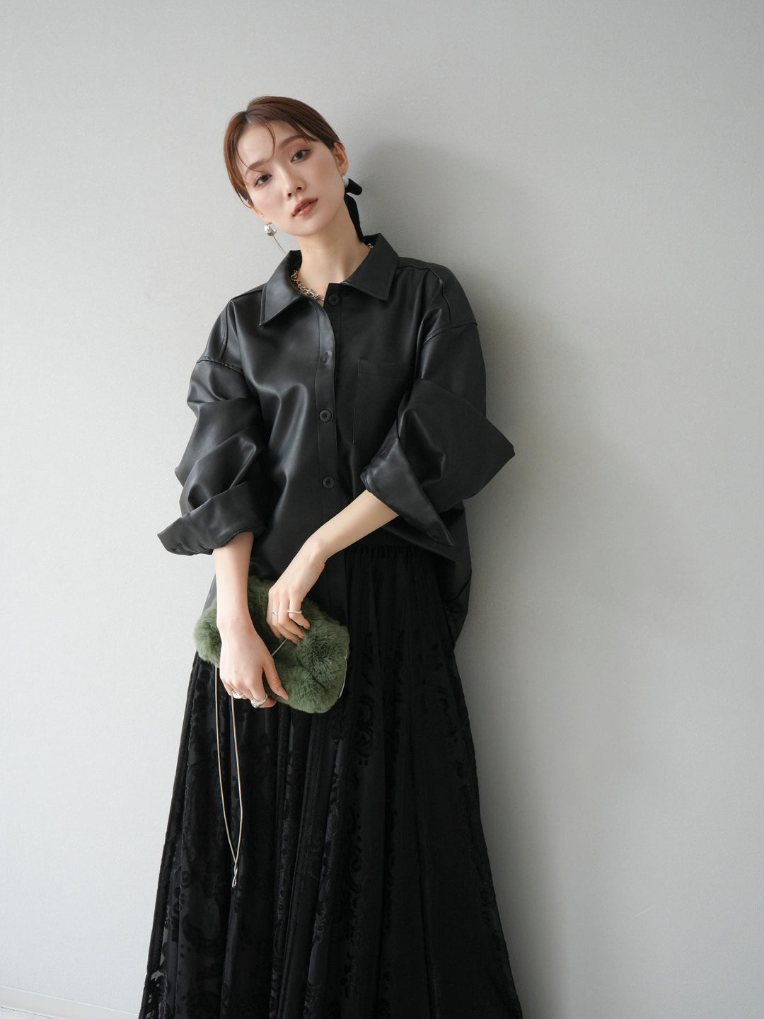 [予約]フェイクレザーシャツ/ブラック