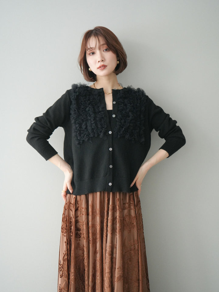 [SET]チュールフリルニットカーディガン+アンティーク柄フロッキーマキシスカート(2set)