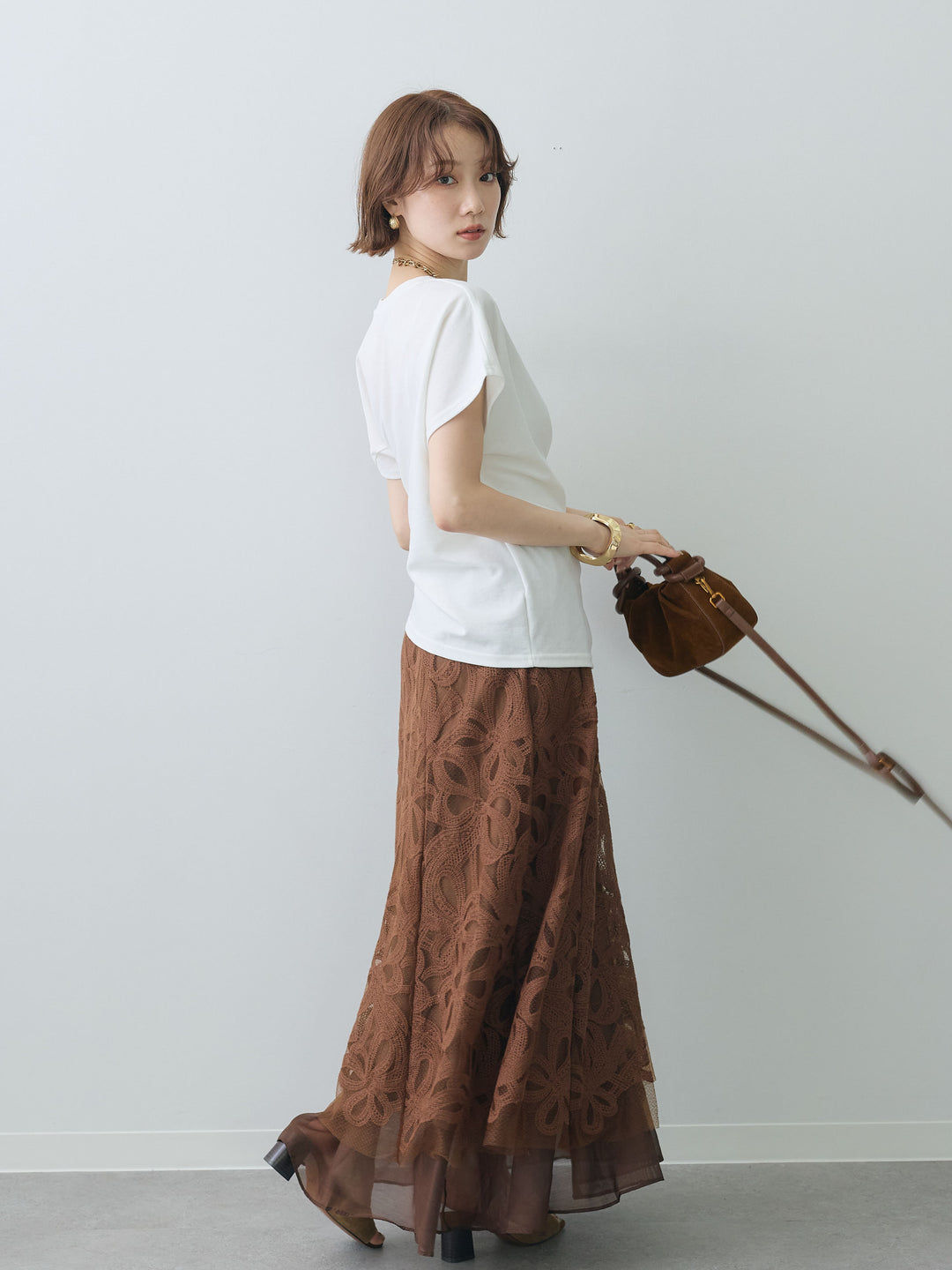 [SET]サイドノットTEE+フラワーレースレイヤードスカート(2set)