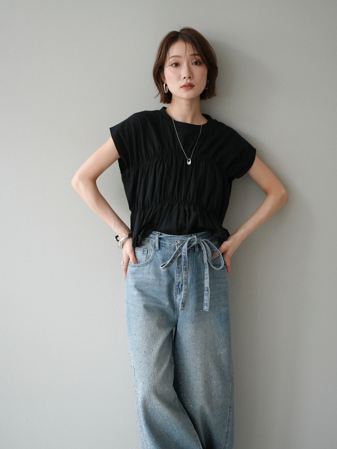 [予約]ギャザーフレンチスリーブカットソー/black