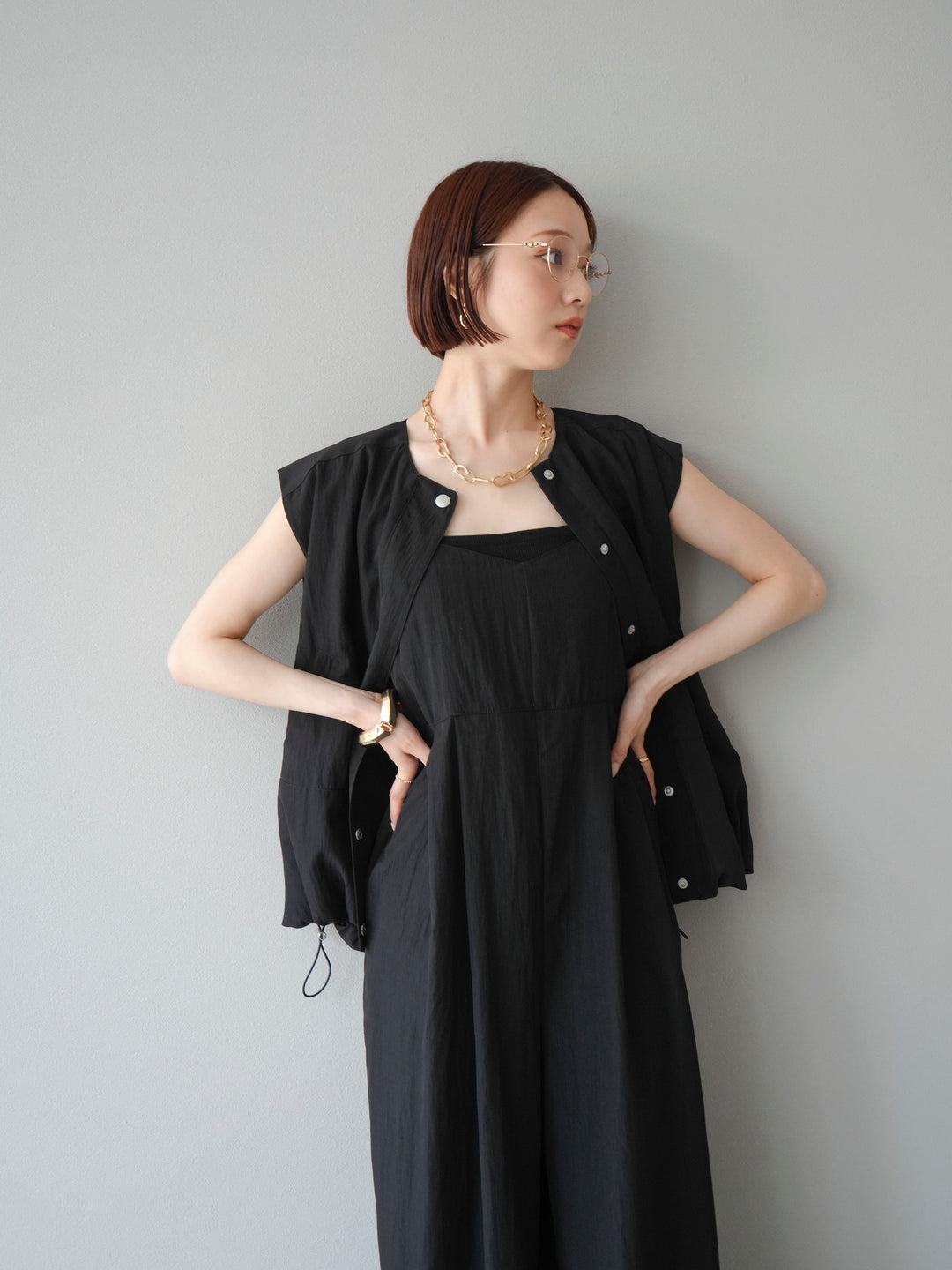 [SET]リネンライクビスチェデザインサロペット+リネンライクドロストバルーンブルゾン(2set)