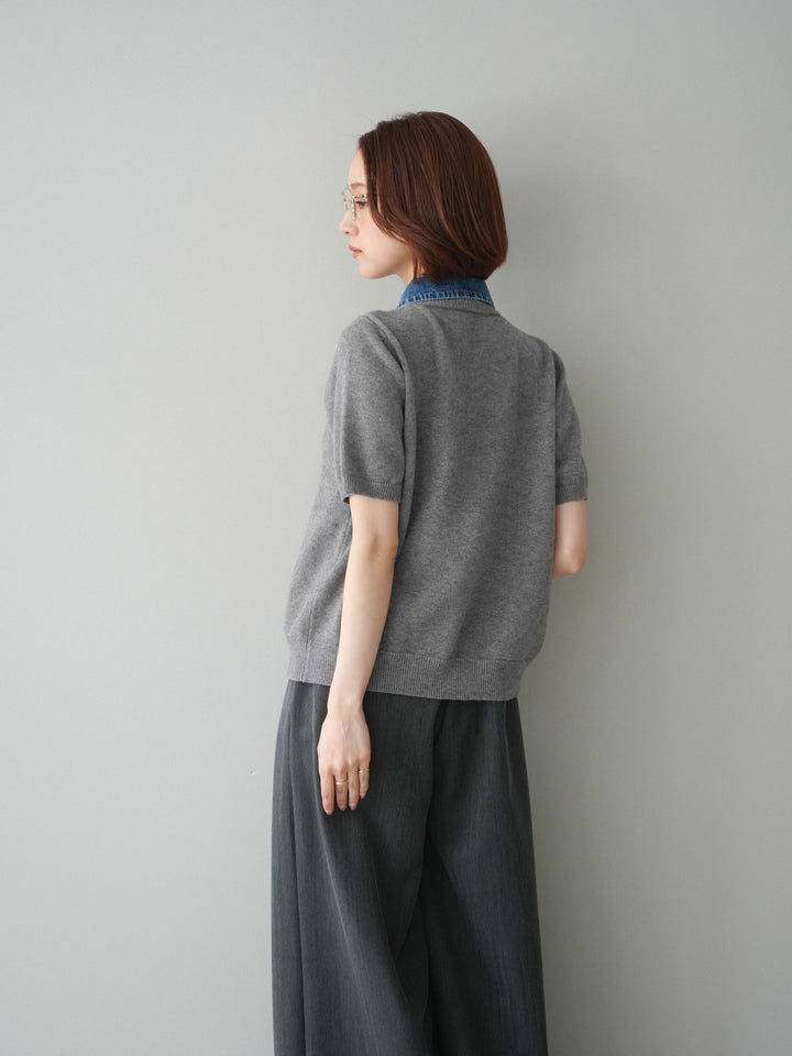 [予約]デニム襟ボタンハーフスリーブニットプルオーバー/gray