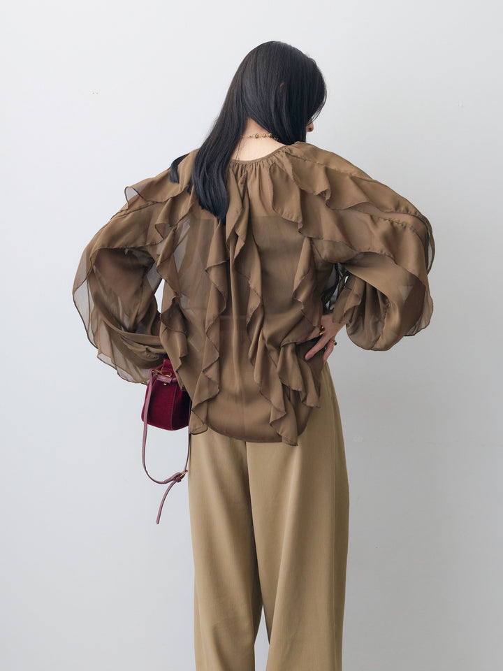 [予約]シアーフリルフロントボタンブラウス/brown