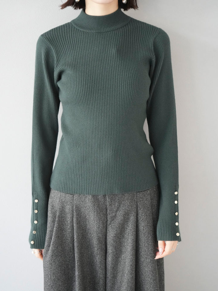 [Pre-order] Sleeve button bottle neck ribbed knit top/dark green
