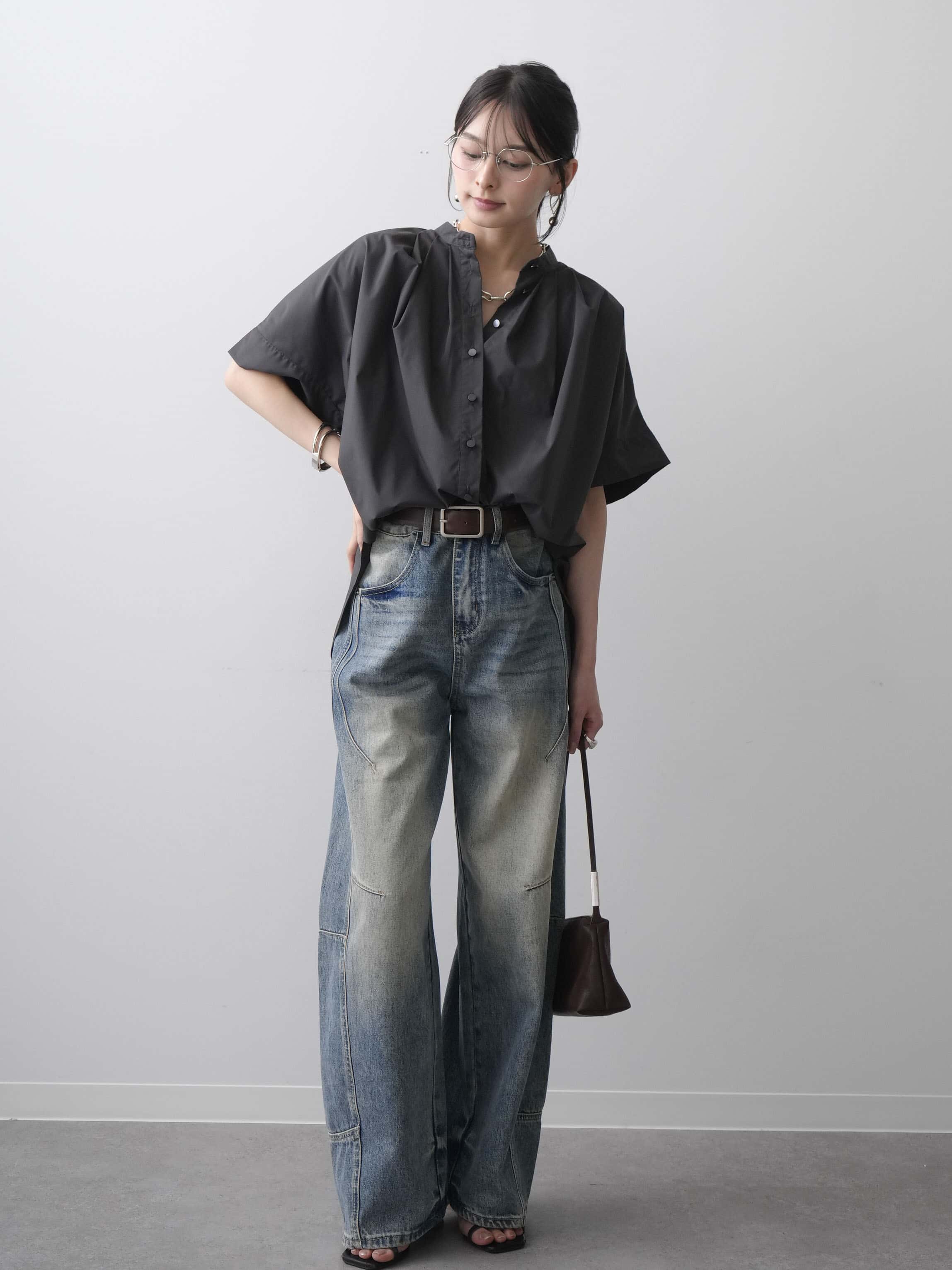 SET]ドルマンノースリオーバーシャツ+ベルト付カーブデニムパンツ(2set