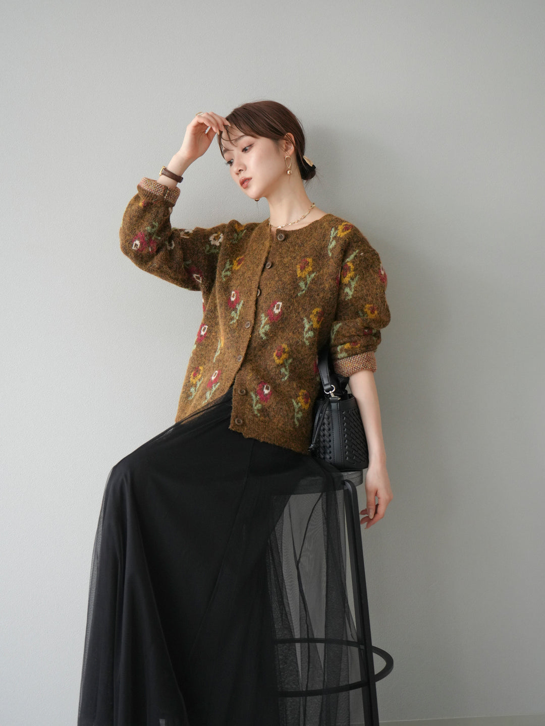 [予約]ウールタッチフラワーニットカーディガン/ブラウン