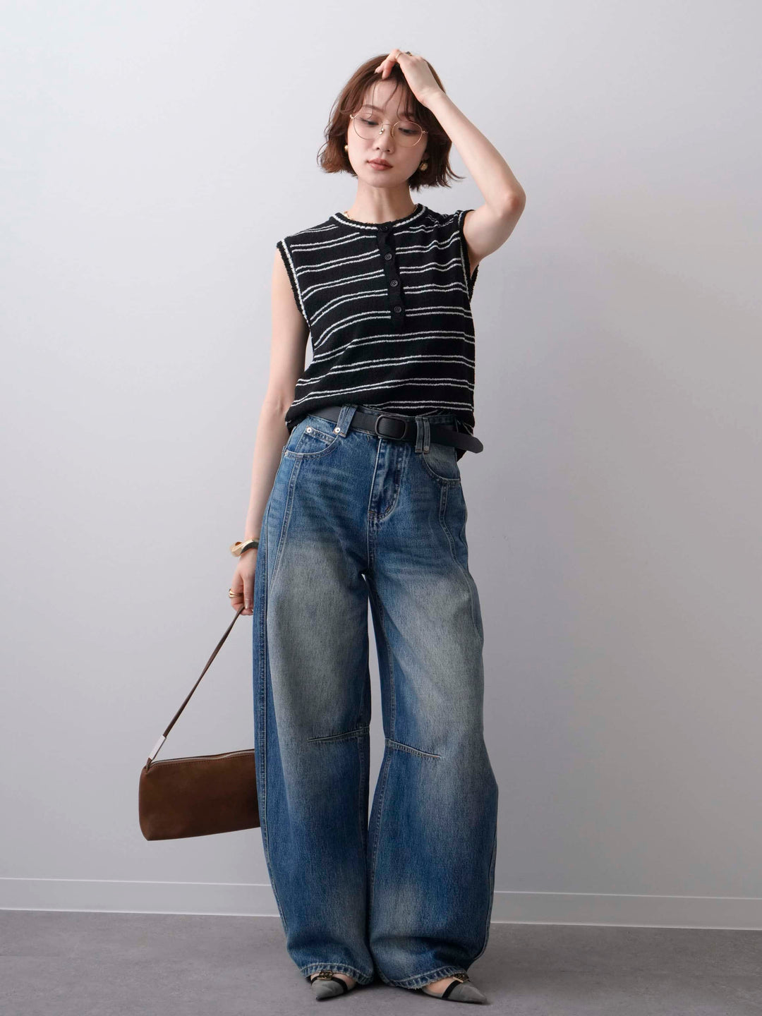 [SET]ボーダーヘンリーノースリニットトップス+立体カーブデニムパンツ(2set)