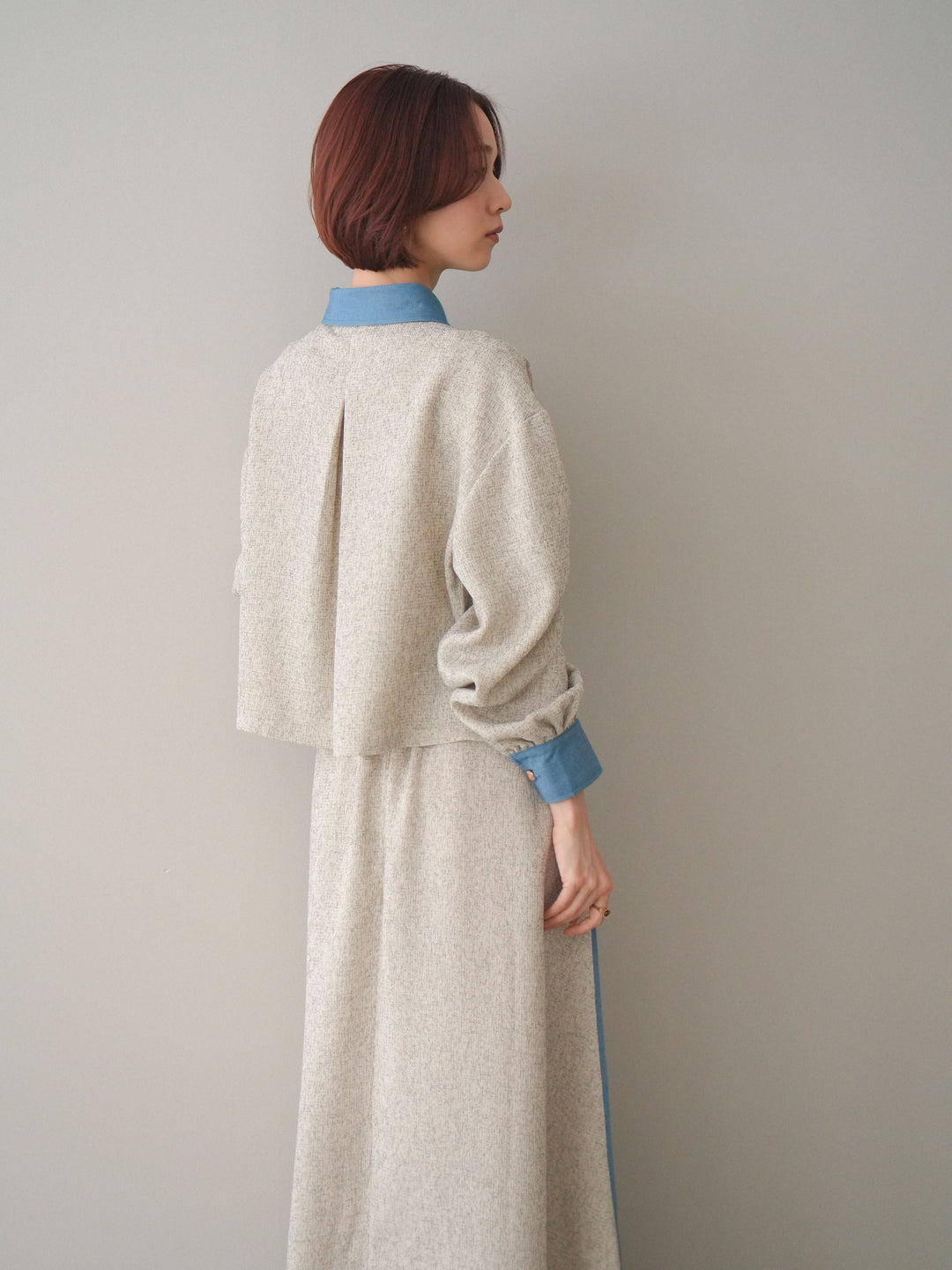 [SET]異素材サマーツイードシャツ+異素材サマーツイードタックフレアスカート(2set)