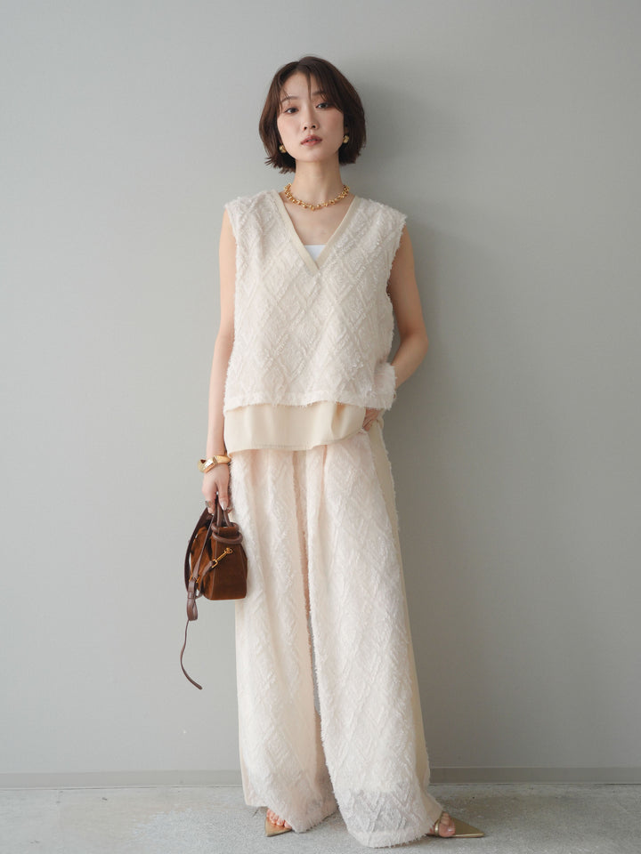 [SET]フリンジレイヤードVネックノースリーブ+フリンジイージーストレートパンツ(2set)