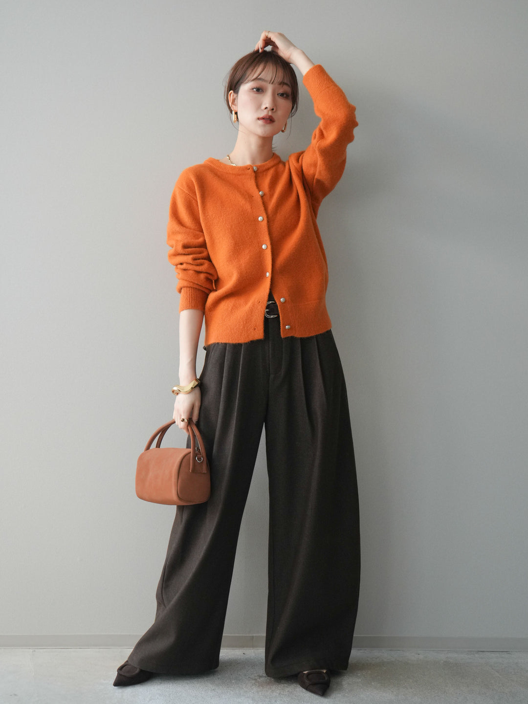 [予約]アニマル柄ベルト付きウールタッチワイドパンツ/brown