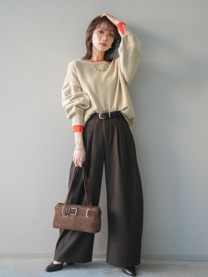 [予約]アニマル柄ベルト付きウールタッチワイドパンツ/brown