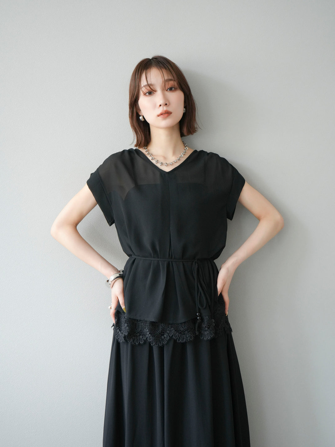 [SET]シフォンブラウス＆レースデザインフレアスカートSET UP(2set)