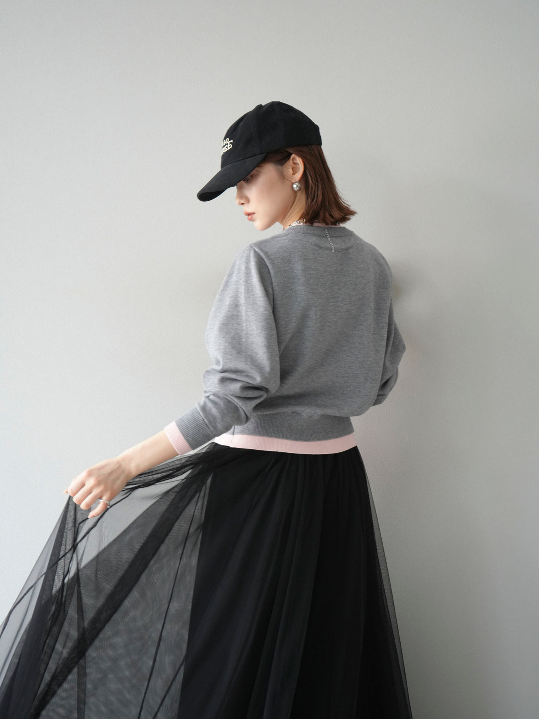 [SET]配色レイヤードカーディガン+チュールボリュームスカート(2set)