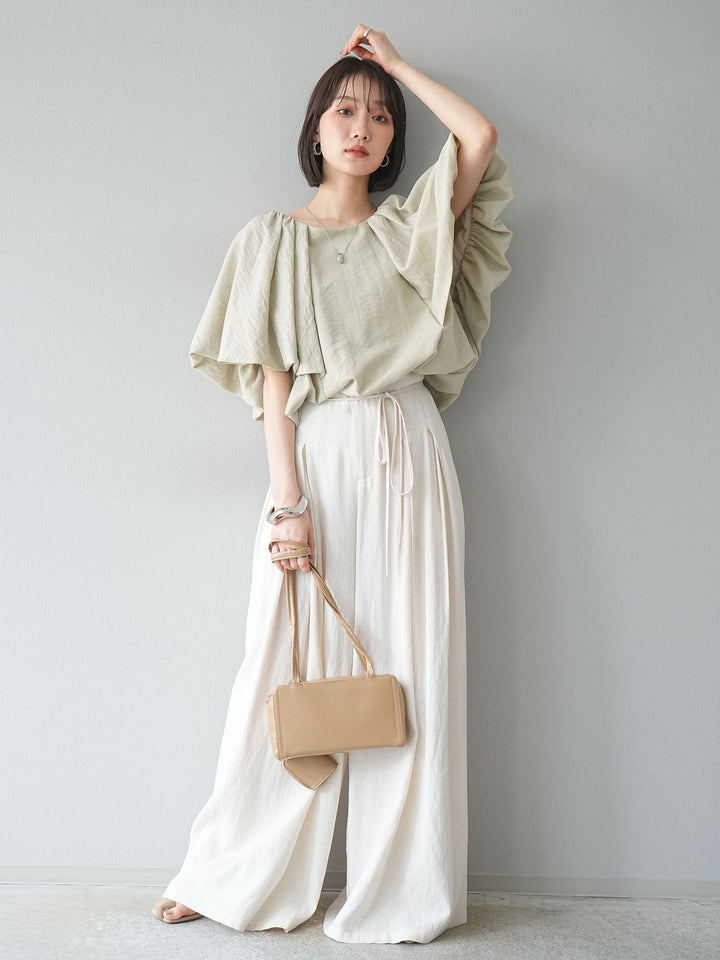 【預購】仿亞麻雙褶設計寬褲/象牙白