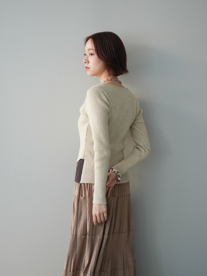 [SET]Vネック配色レイヤードスリットニットトップス+型押しスエードティアードプリーツスカート(2set)